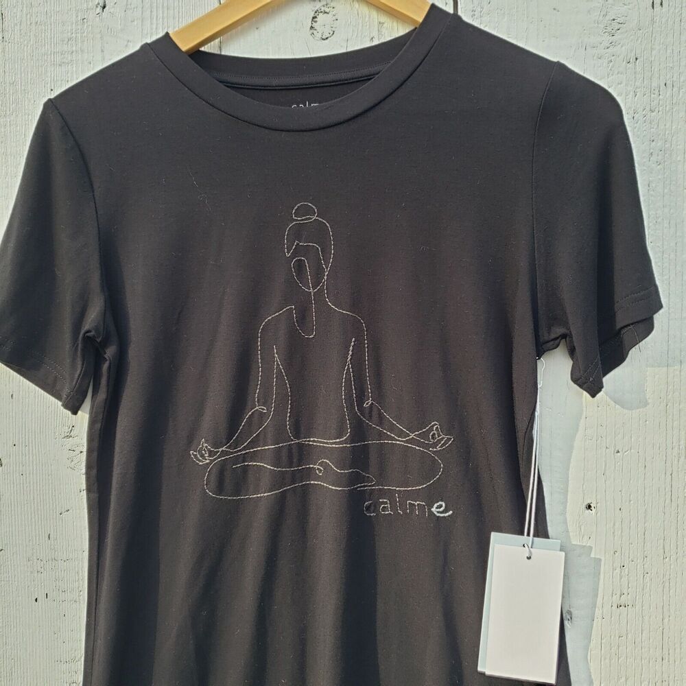 Calme By Johnny Was Women's Black Embroidered Padmasana Flowy Yoga Tee Sz XS - Picture 3 of 7